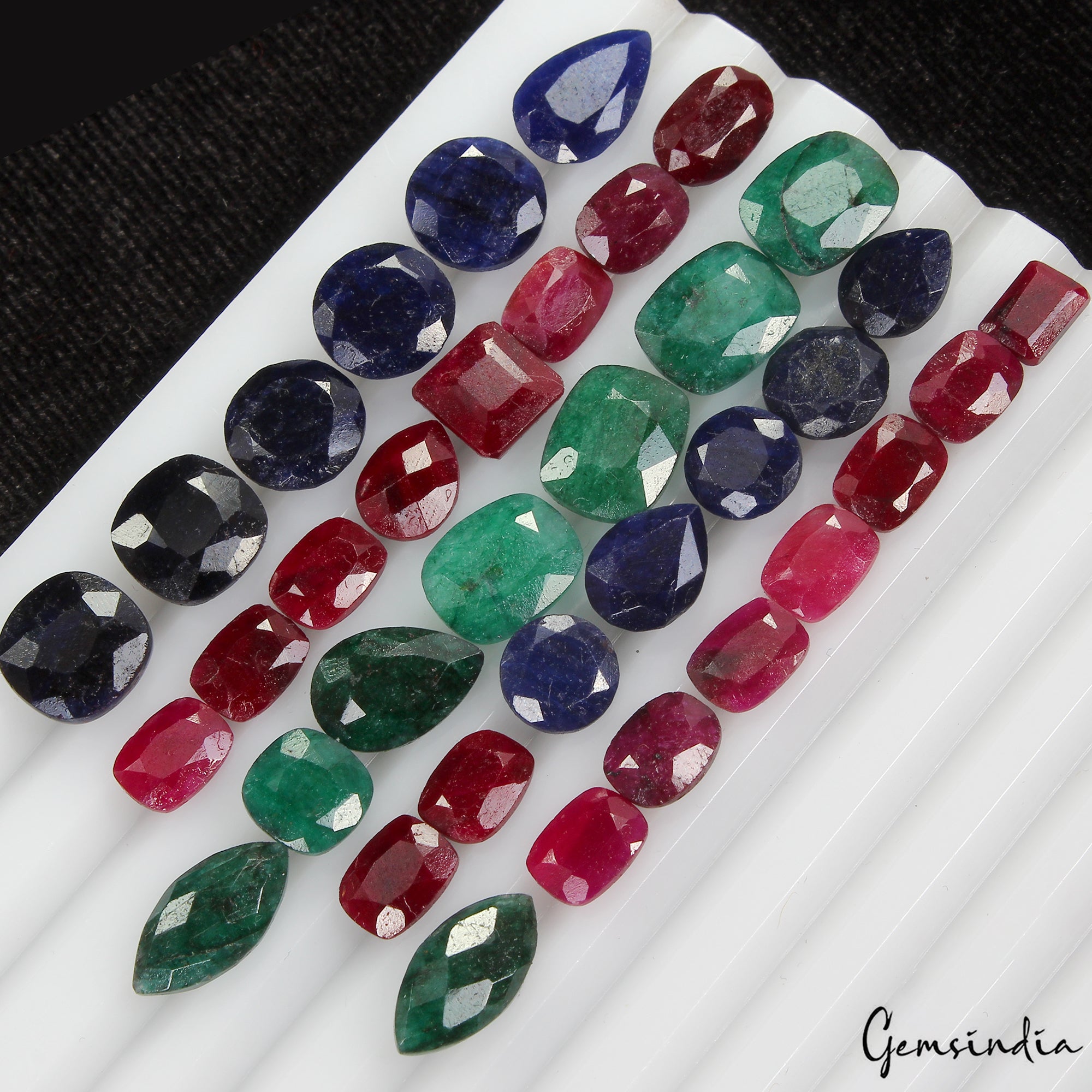 100 Ct Natural Ruby, Emerald & Sapphire 7-14mm Mix Cut Certified Gemstones~36 Pc