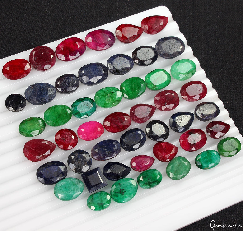 500 Ct Natural Ruby Emerald Sapphire Mix Faceted Wholesale Gemstone Lot 47 Pcs