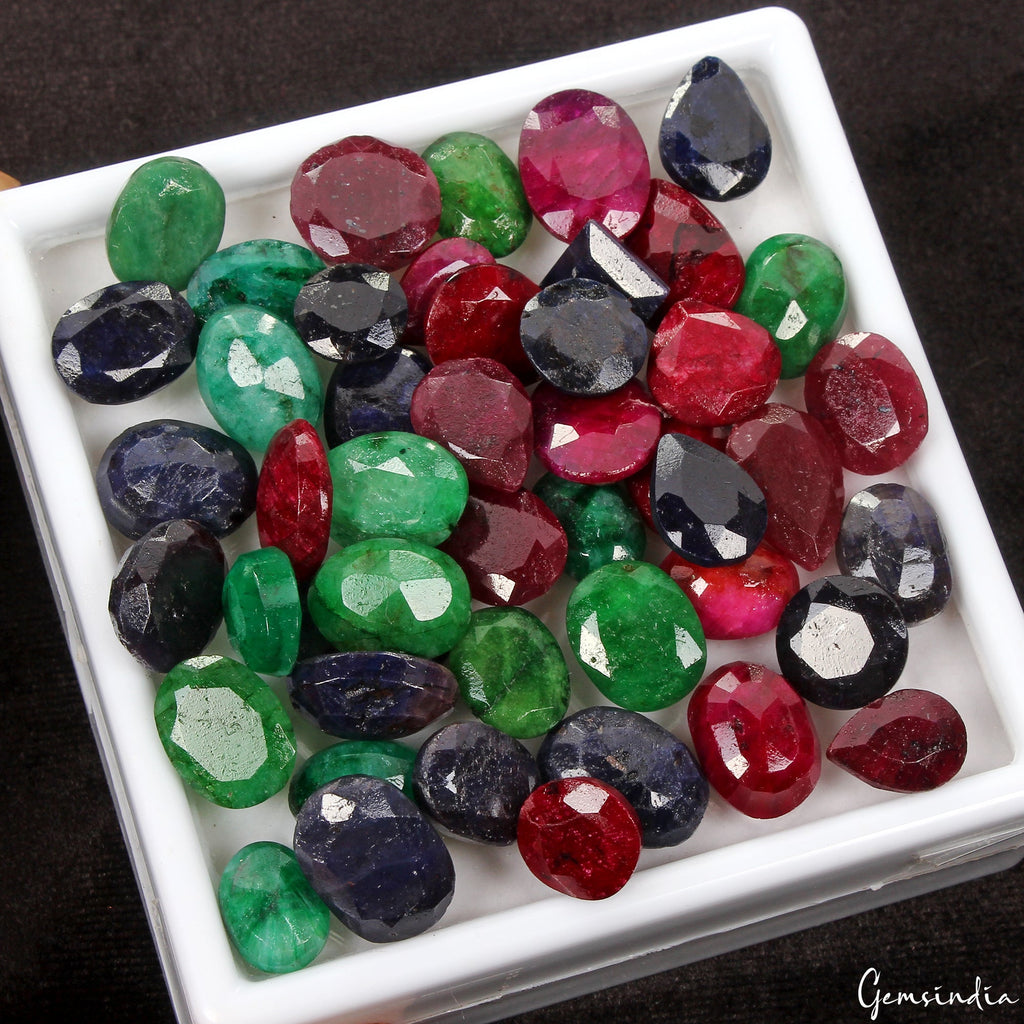 500 Ct Natural Ruby Emerald Sapphire Mix Faceted Wholesale Gemstone Lot 47 Pcs