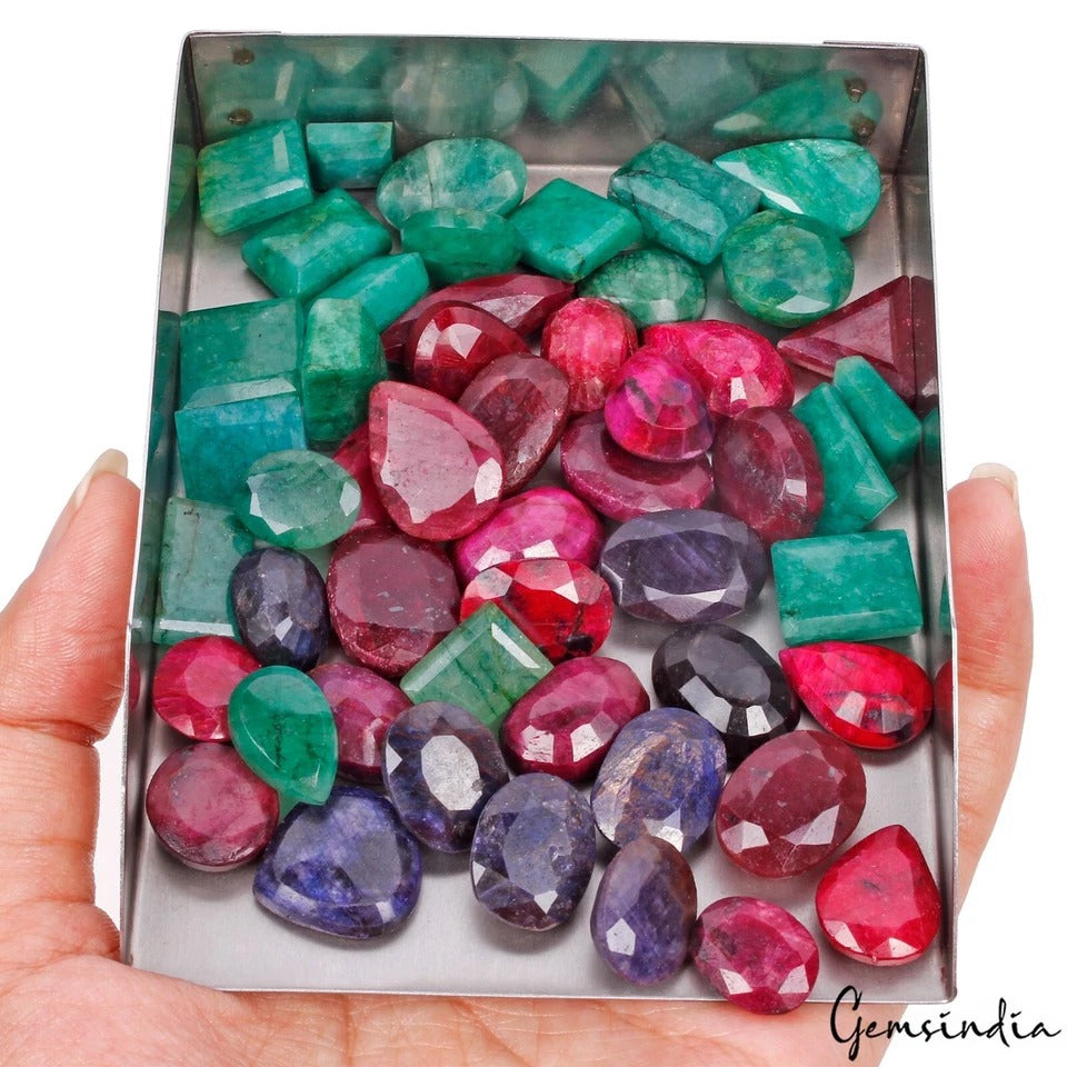 750 Ct/50 Pcs Natural Multi Color Emerald Ruby Sapphire Mixed Cut Loose Gems Lot