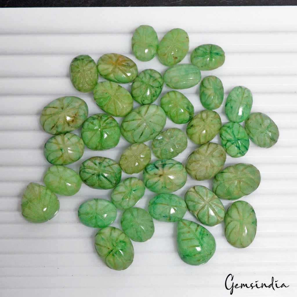 420 Cts/34 Pcs Natural Green Brazilian Emerald Mix Hand Carved Gems For Jewelry