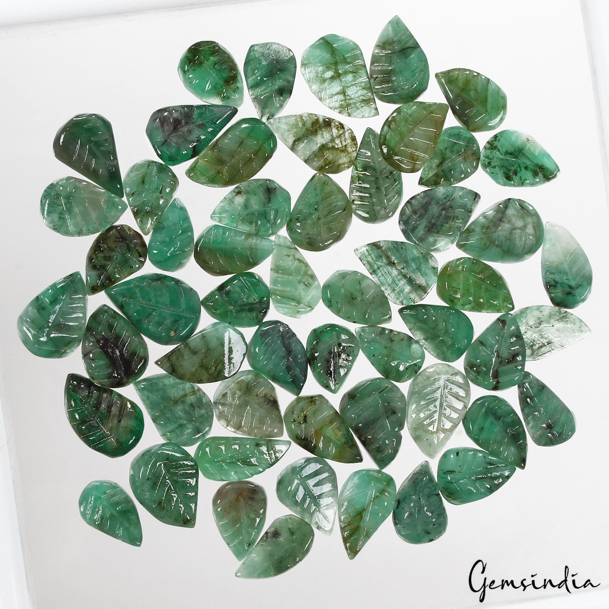 Certified 82 Ct/55 Pcs Natural Untreated Green Emerald Leaf Hand Carved Gems