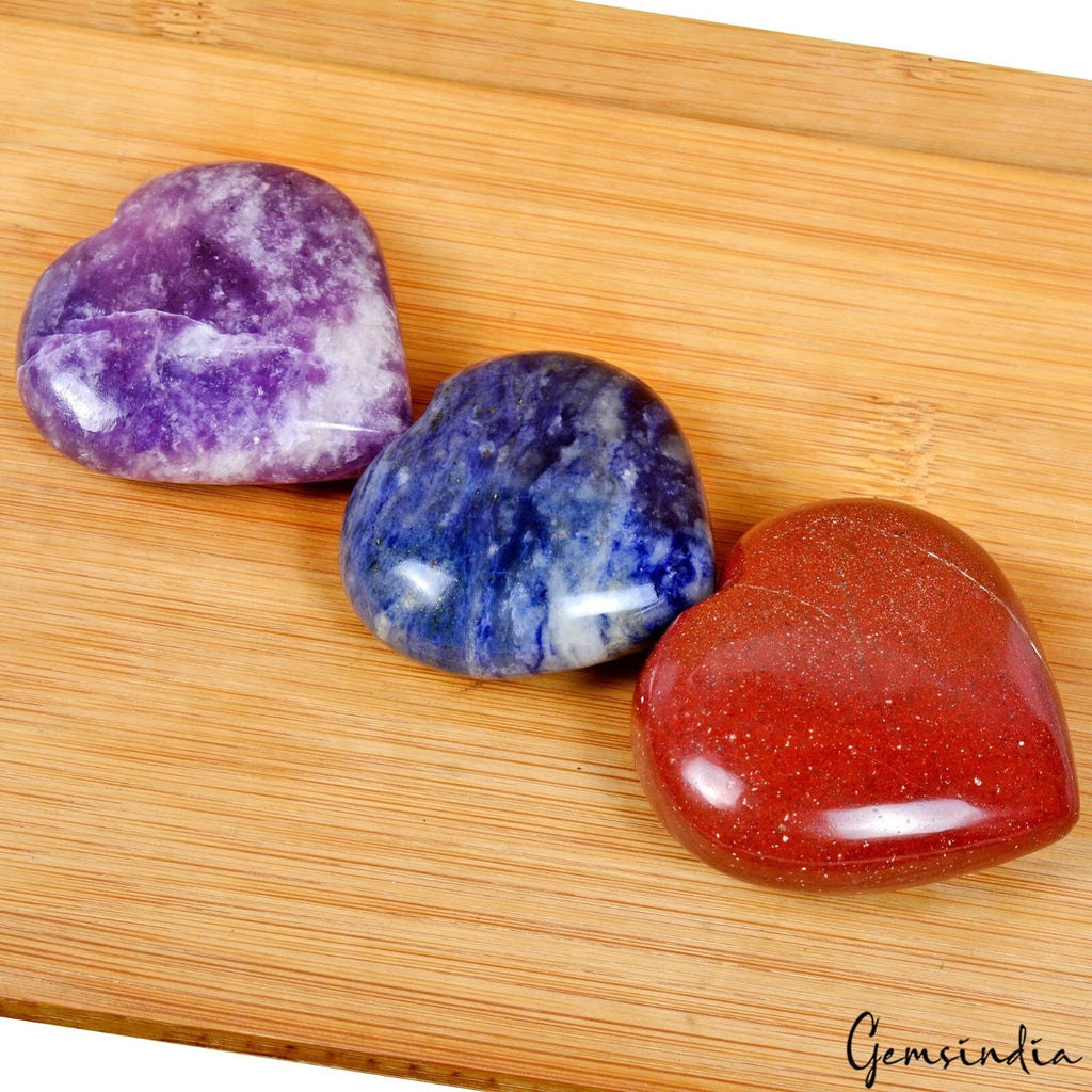 880 Cts/3 Pcs Natural Purple Lepidolite Red Jasper Blue Sodalite Heart Cab Gems