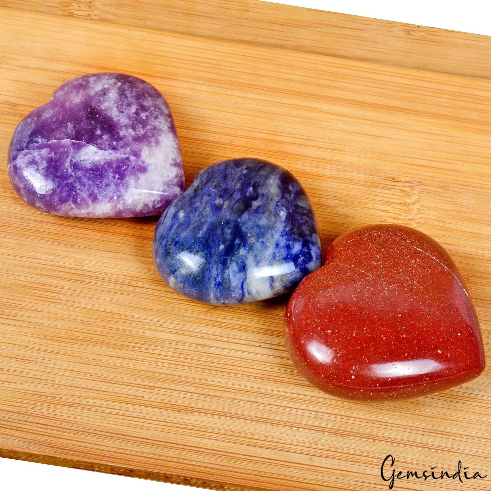 880 Cts/3 Pcs Natural Purple Lepidolite Red Jasper Blue Sodalite Heart Cab Gems