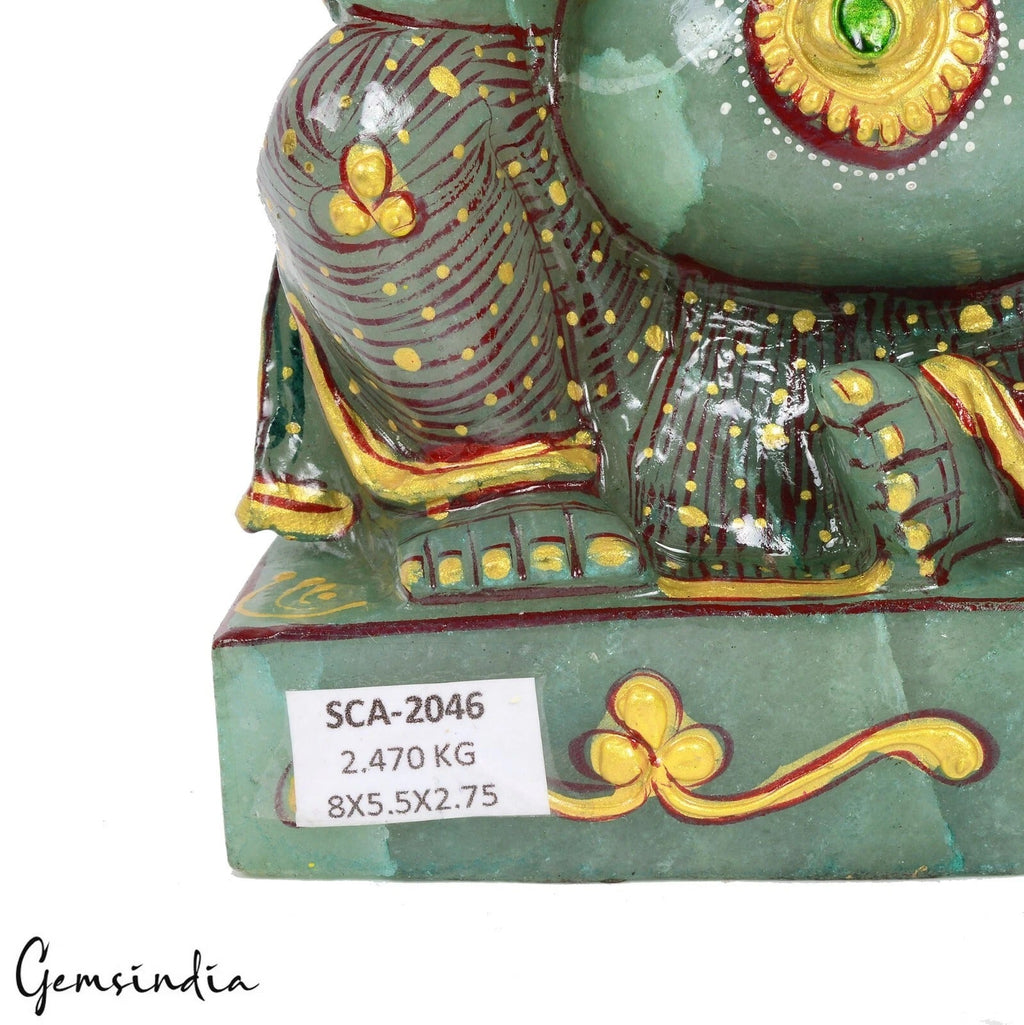 2.4 Kg Natural Green Aventurine Hand Crafted Lord Ganesha Gold Paint Sculpture