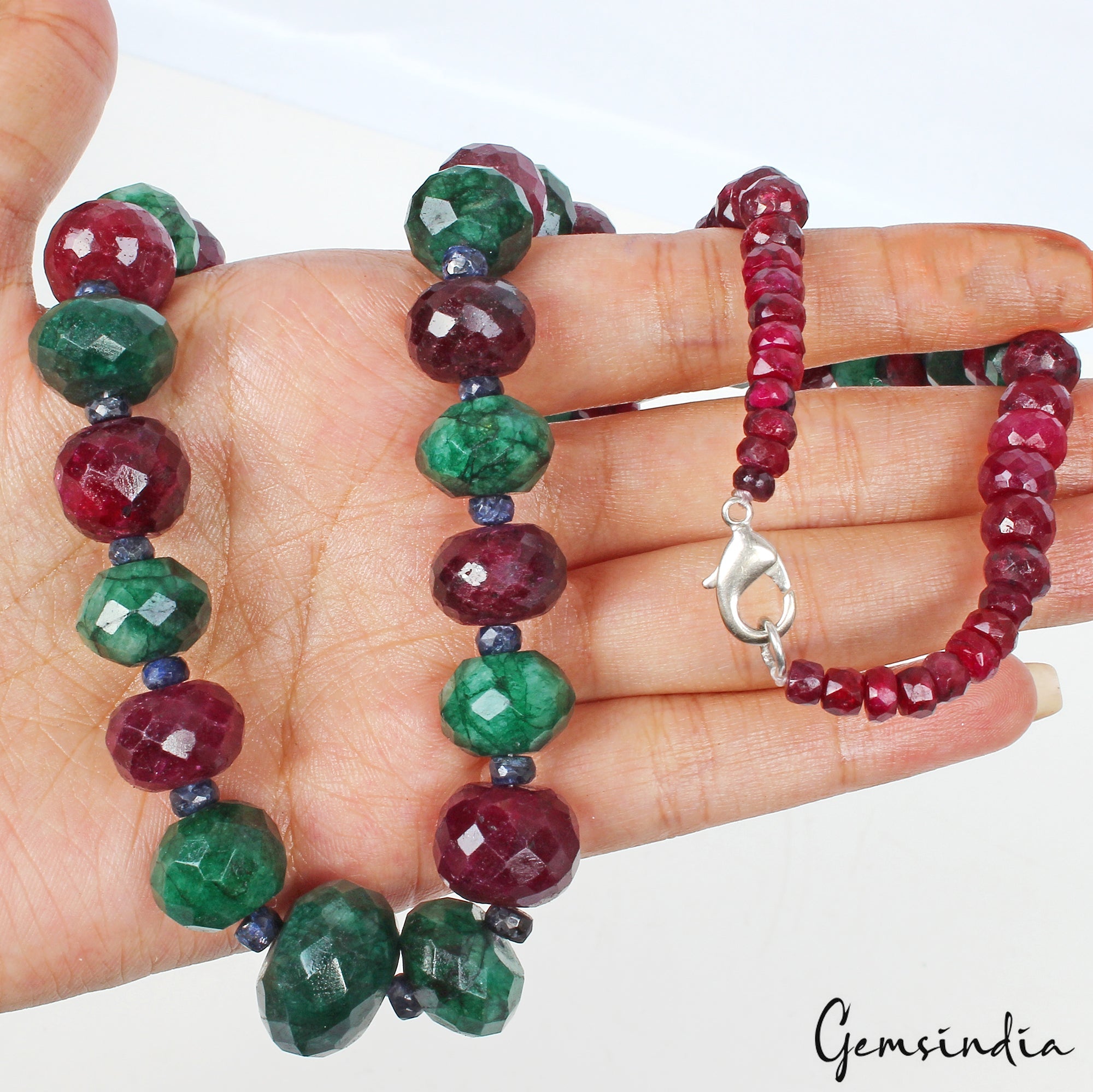 Natural Multi Ruby Emerald Sapphire Gems Round Cut Beads Necklace 19 Inch