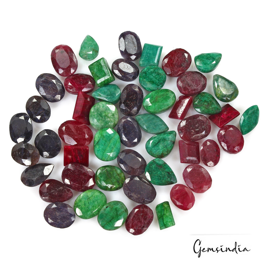 500 Cts/50 Pcs Natural Multi Color Ruby,Emerald,Sapphire Mix Cut Loose Gems Lot