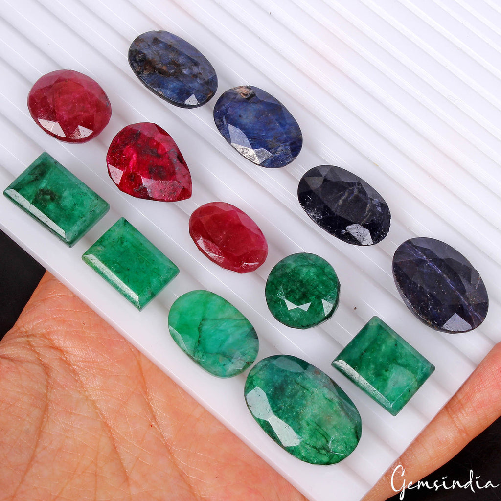 13 Pc Natural Emerald Ruby Sapphire Mix Cut Top Grade Certified Gemstones 300 Ct