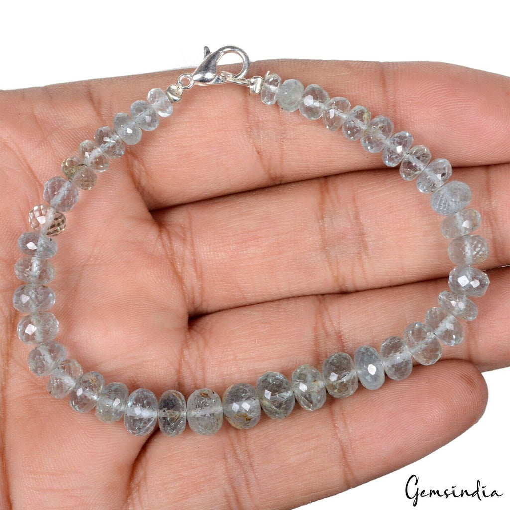 61.40 Ct Natural Blue Aquamarine Round Faceted Beaded Cut Handmade Bracelet 7.5"