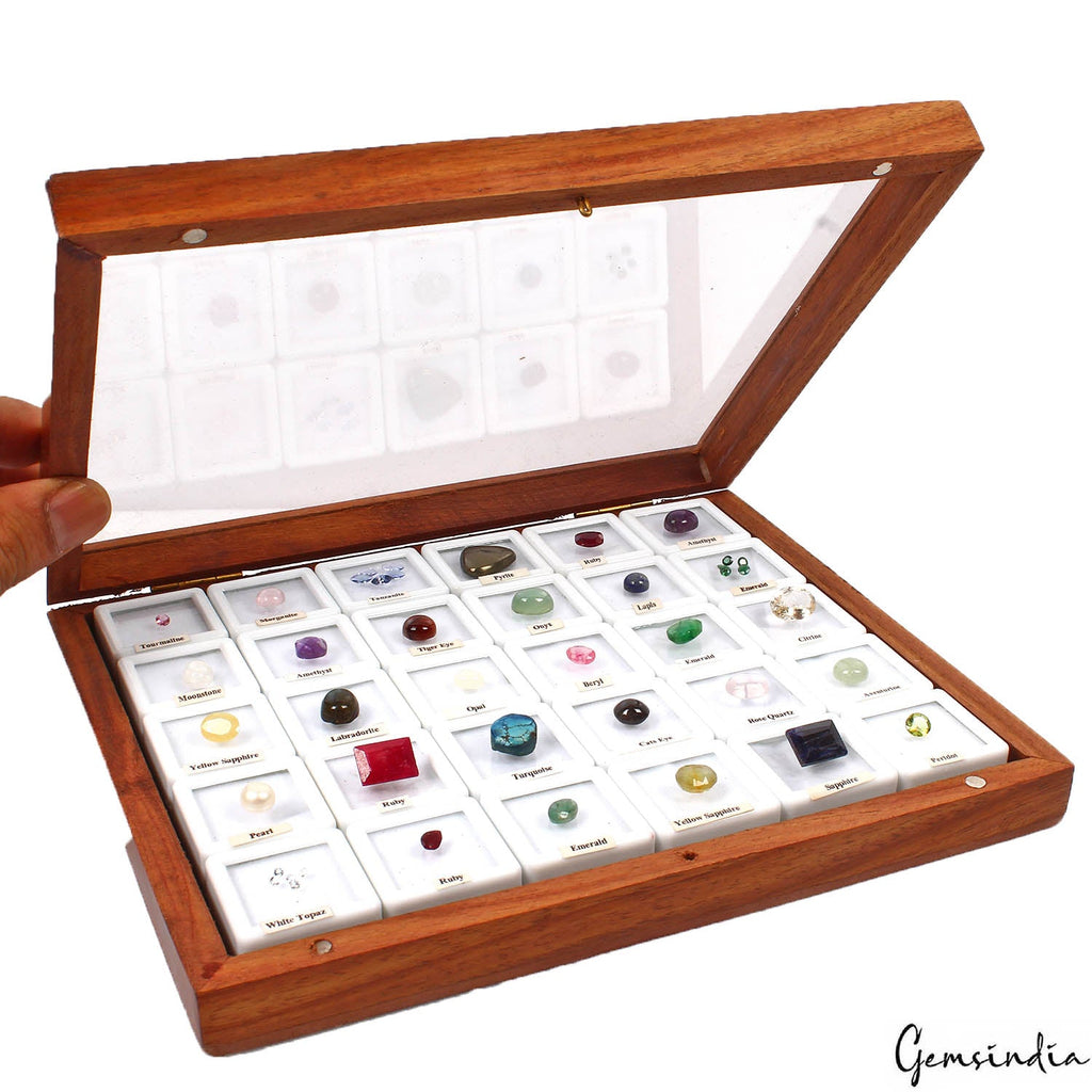 42 Pcs Estate Genuine Semi Precious Loose Multi Color Gems Collection+Wooden Box