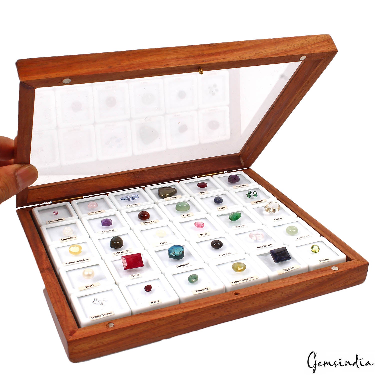 42 Pcs Estate Genuine Semi Precious Loose Multi Color Gems Collection+Wooden Box