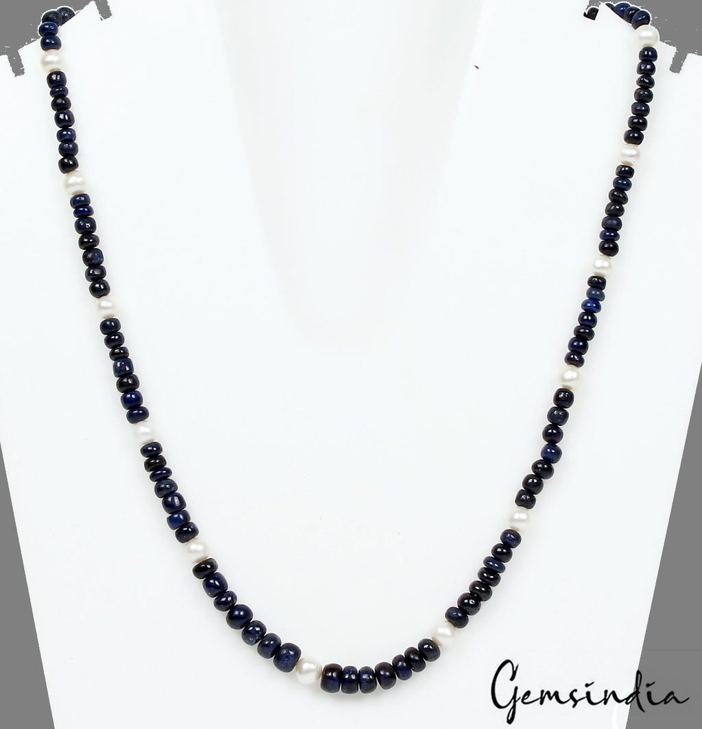 Single Line Natural Sapphire & Pearl Round Beaded Handmade Women Necklace~ 18"