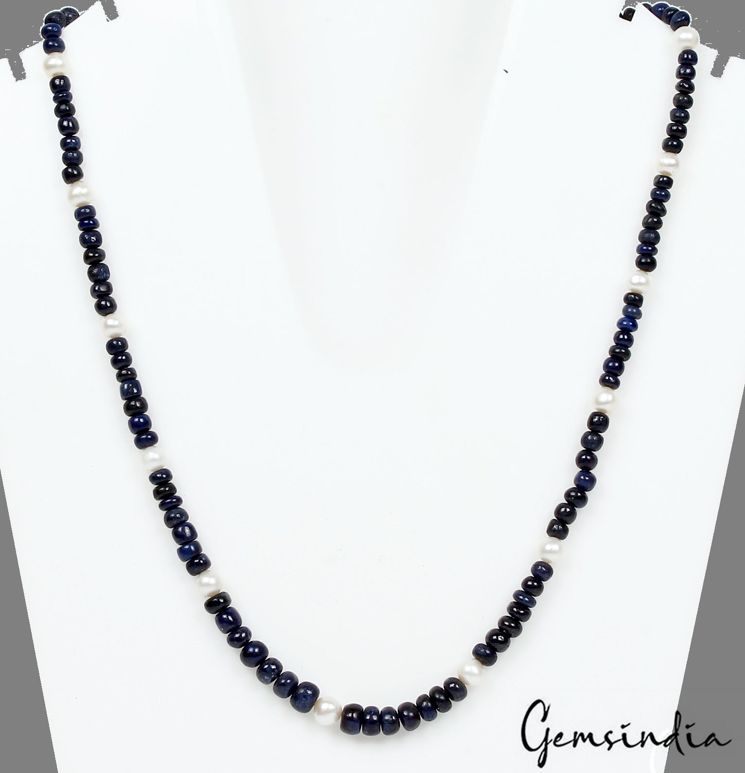 Single Line Natural Sapphire & Pearl Round Beaded Handmade Women Necklace~ 18"
