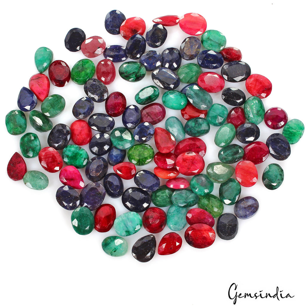 400 Ct/100 Pc Natural Multi Color Emerald Ruby Sapphire Mix Cut Gems For Jewelry