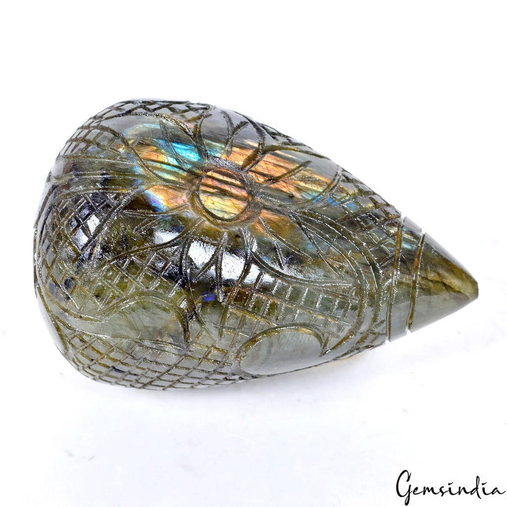 Labradorite Carving, Untreated, Peach — 68x45 mm, 840 Ct