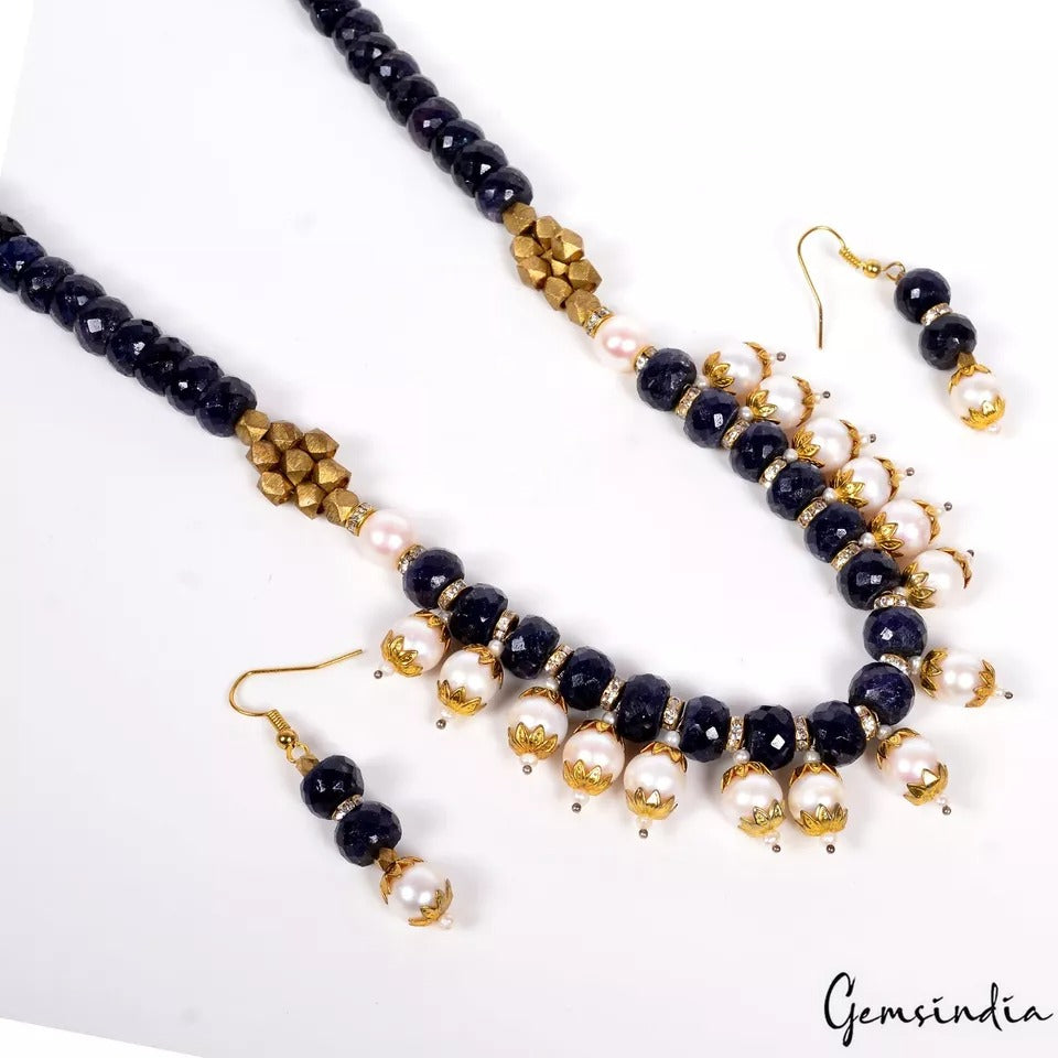 560 Cts Natural Blue Sapphire Freshwater Pearl Round Beaded Handmade Jewelry Set
