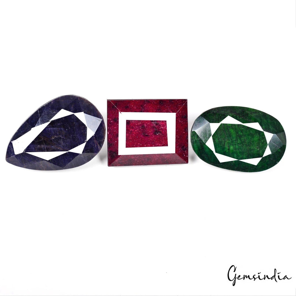 1800 Ct Natural Ruby Emerald & Sapphire Mix Faceted Loose Gemstone Lot 52-65mm