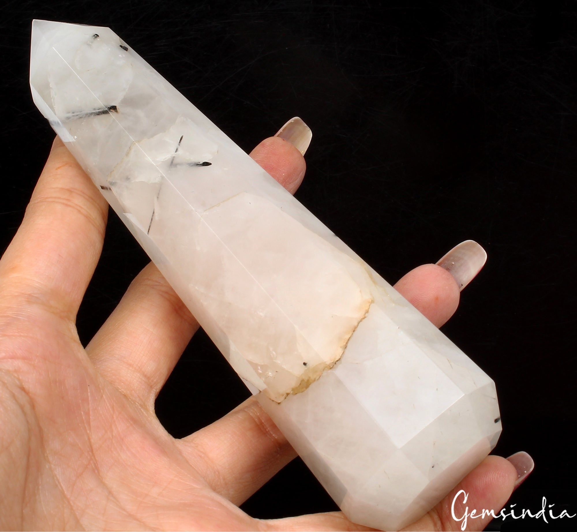 260 Gm5.6" Black Tourmaline Rutilated Quartz Obelisk Tower Crystal Point Healing