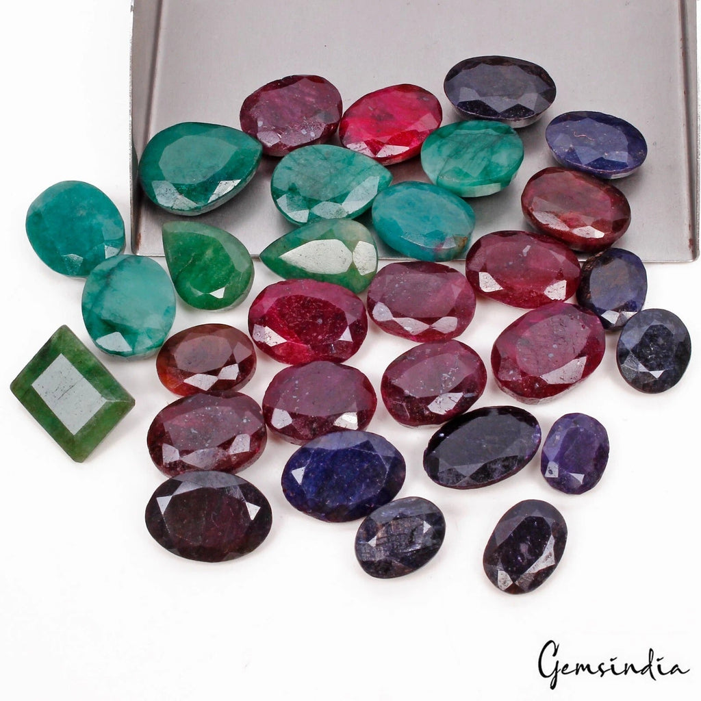 Certified 450 Cts/30 Pcs Natural Multi Color Ruby Emerald Sapphire Mix Cut Gems