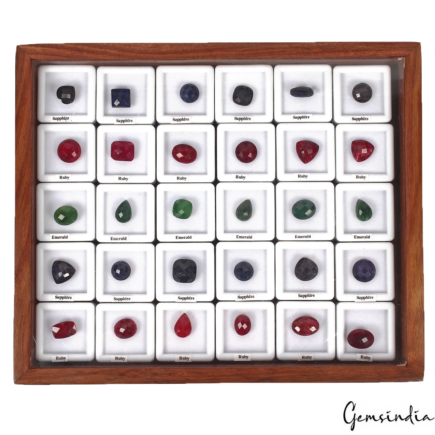 30 Pcs Natural Multi Color Ruby Emerald Sapphire Checker Cut Gems in Wooden Box