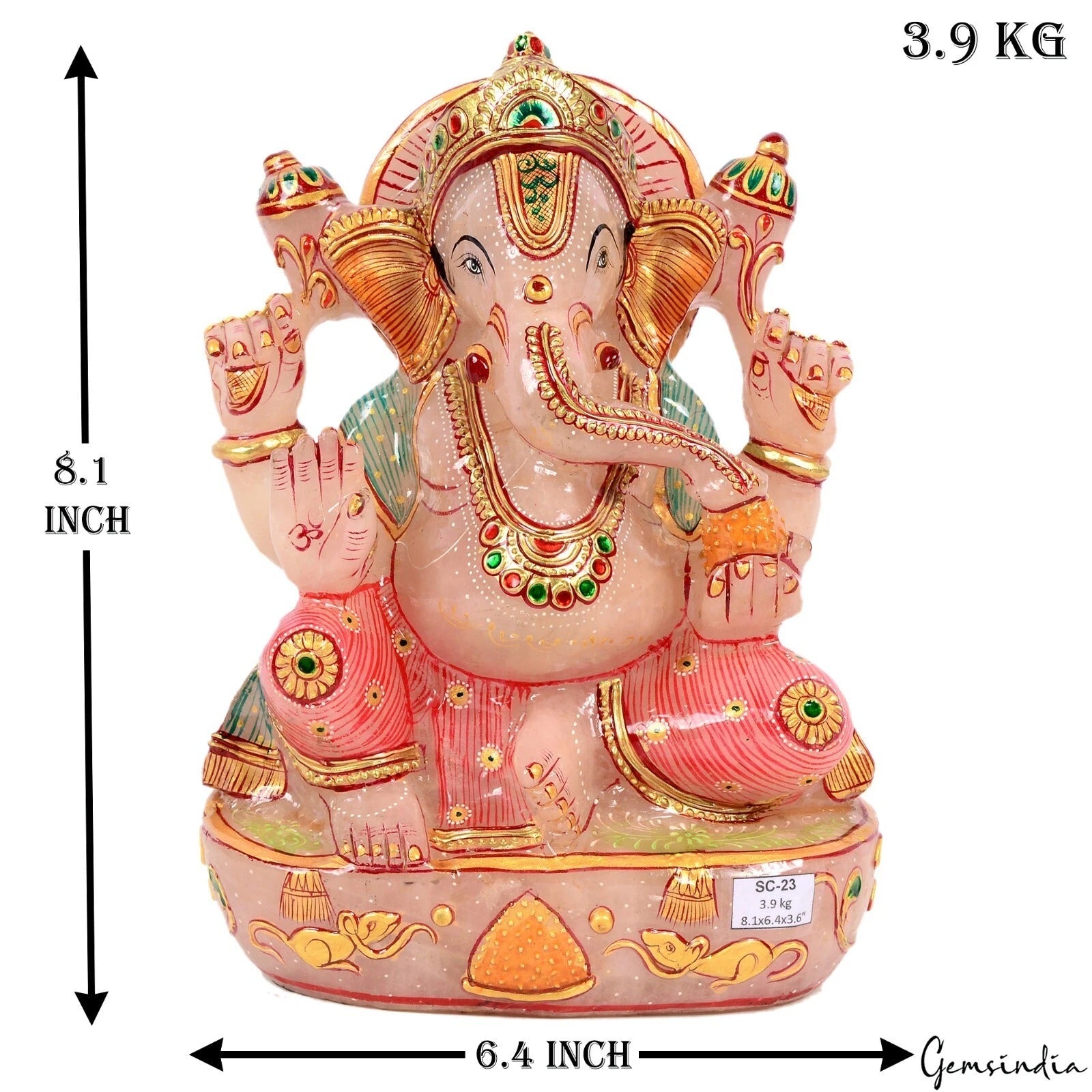3.9Kg Natural Rose Quartz Golden Paint Ganesha Singlestone Artwork Sculpture8.1"