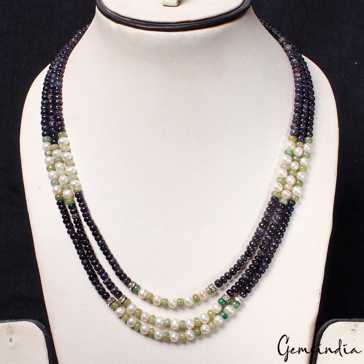 3 Strands Natural Sapphire Pearl Handmade Necklace/19-21" Long Women Gem Jewelry