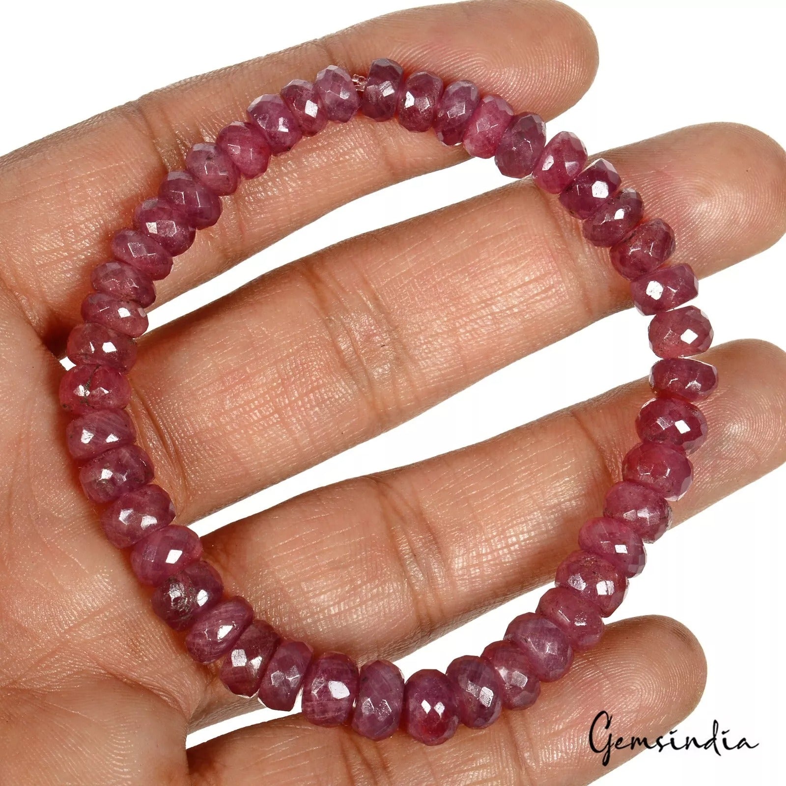 124.40 Cts Natural Red Ruby Round Beaded Elastic/Adjustable Stretch Bracelet-7"