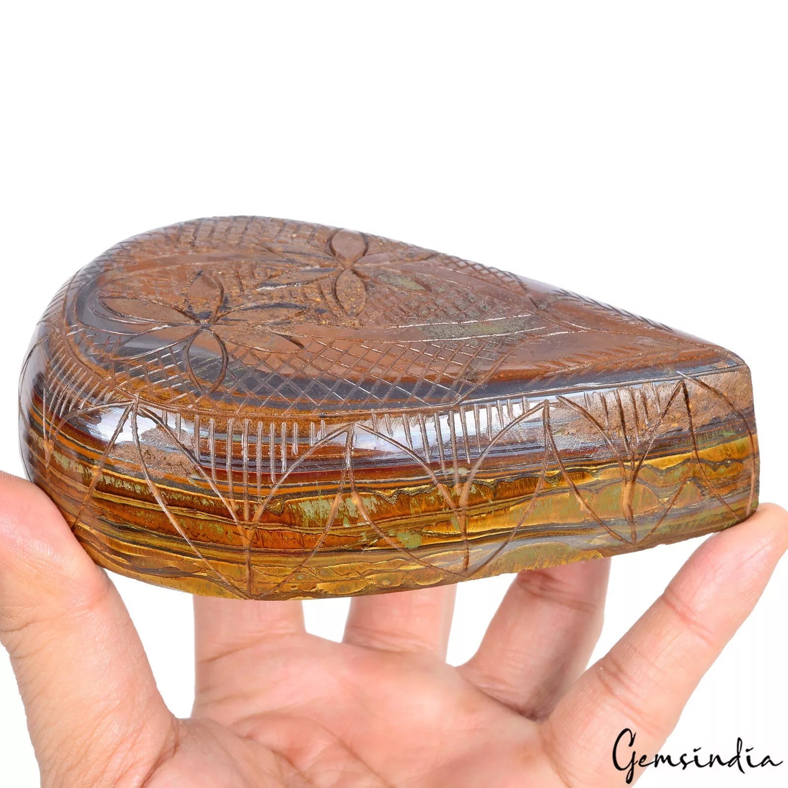 Natural 4060Ct Tiger Eye Pear Shape Floral Hand Carved Brown Madagascar Gemstone