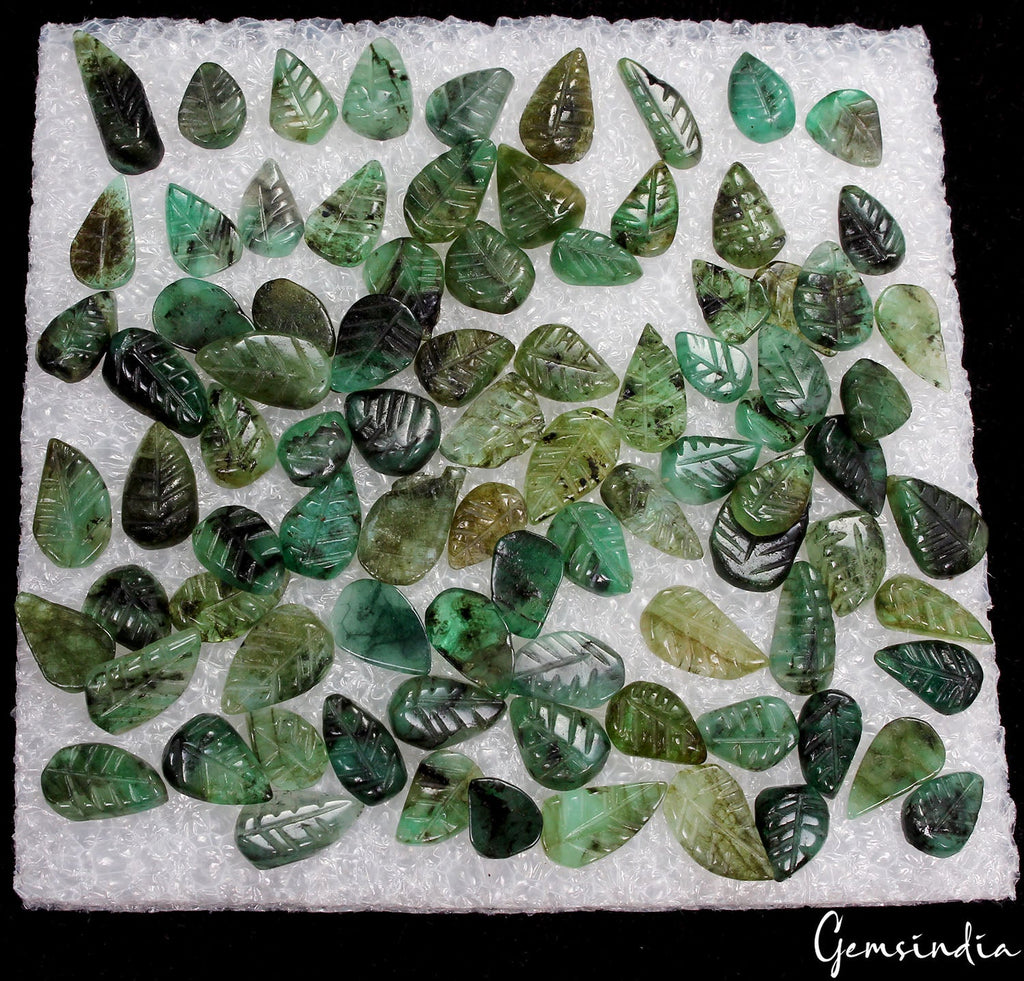 110 Ct/88 Pcs Natural Brazilian Green Emerald Pear Cut Leaf Carved Loose Gems