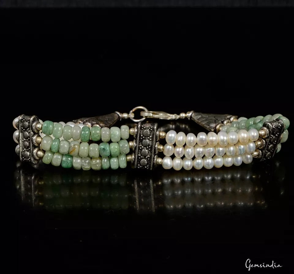 85. Ct Natural Emerald Pearl Round Beaded Oxidised Silver Handmade Bracelet 7.5”