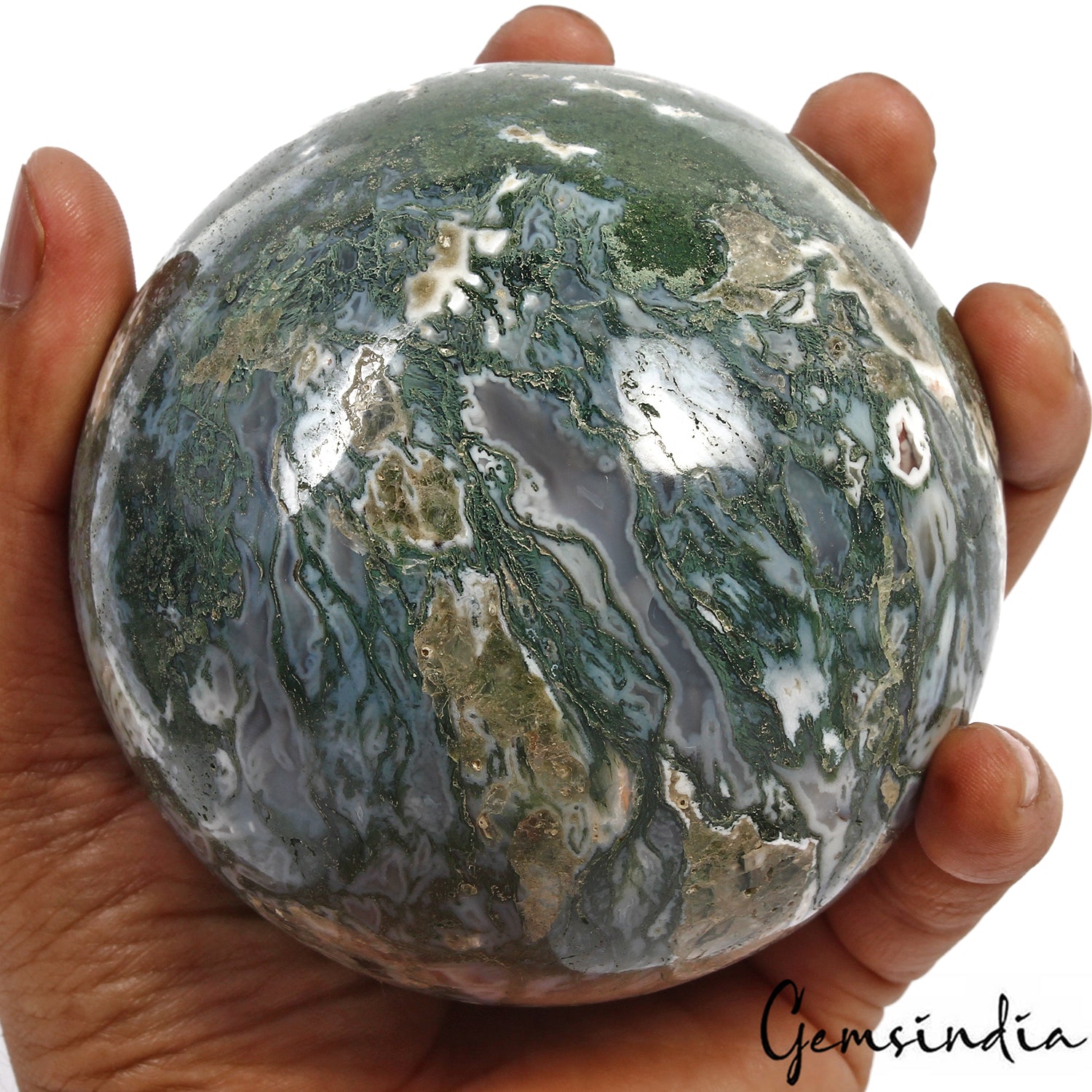 Moss Agate Sphere, Untreated, Green — 3.9 Inch, 1.116 Kg (5580 Ct), Madagascar