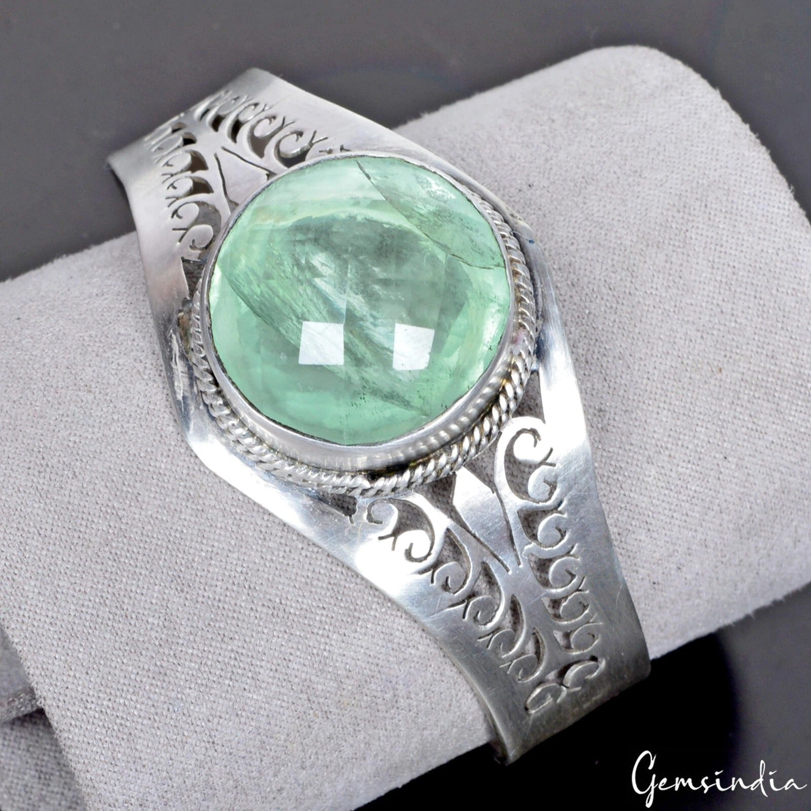 925 Sterling Silver Fluorite Gem Handmade Jewelry Adjustable Cuff Bracelet 43 gm
