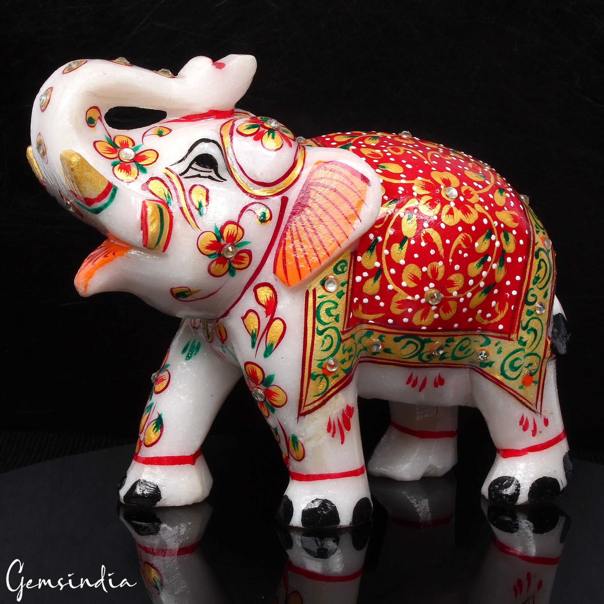 1.6 Kg Marble Elephant Statue Trunk Up Hand Paint Indian Art Home Deor Figurine