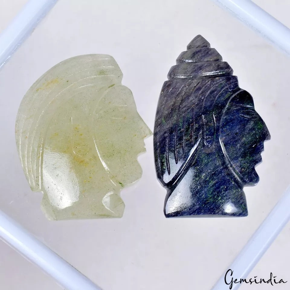 175 Ct/2Pc Natural Fluorite/Aventurine Warrior Head Pocket Size Carved Sculpture