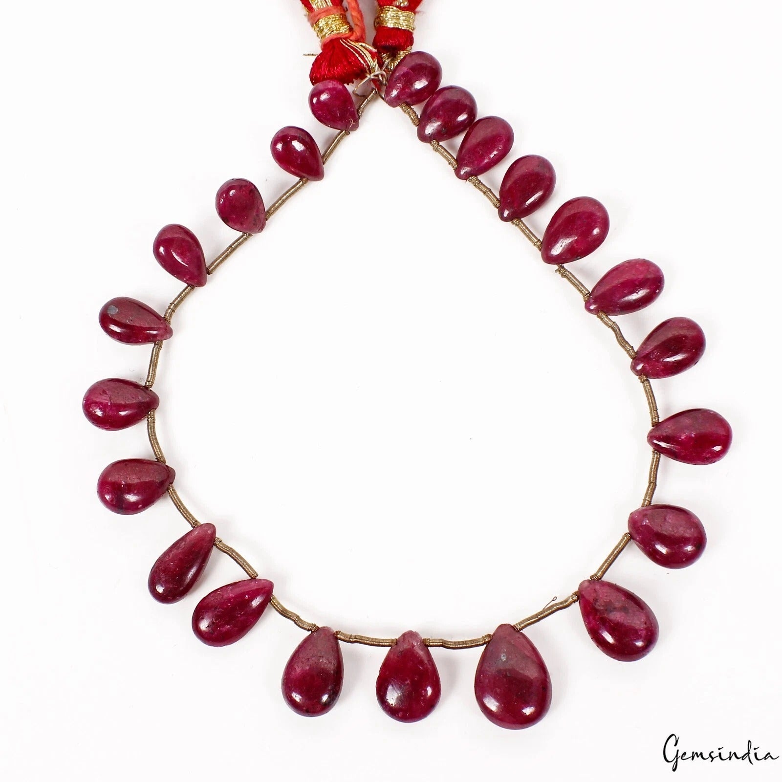98.40 Cts Natural Red Ruby Pear Cab Side Drilled 9-14mm Bead/Briolette Strand~9"