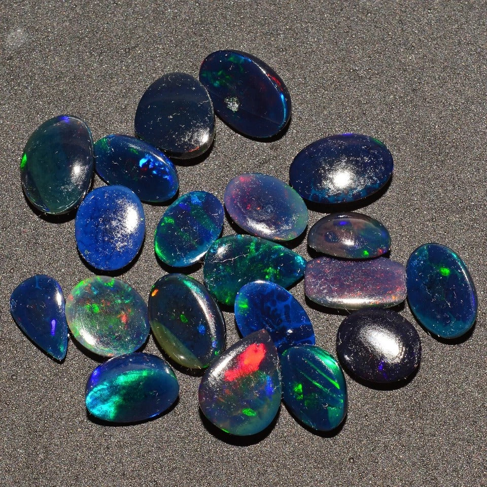 Black Opal Lot, Cabochon, Oval, Pear, Cushion Cabochon, Untreated — 20 Pieces, 8mm to 11mm, 31.25 Ct, Ethiopia