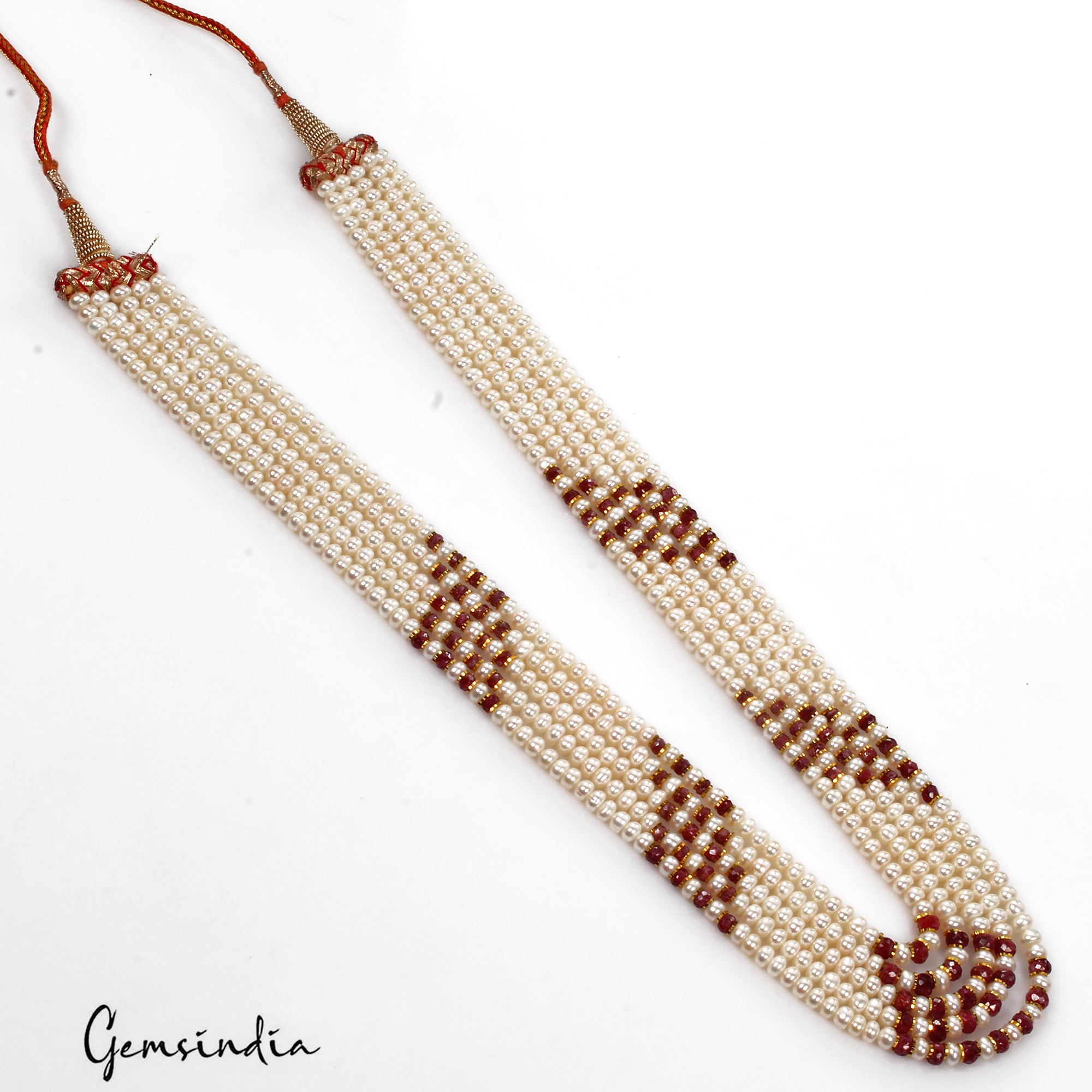 320 Ct Freshwater Pearl & Red Ruby Round Cab Beaded 5 strand Adjustable Necklace