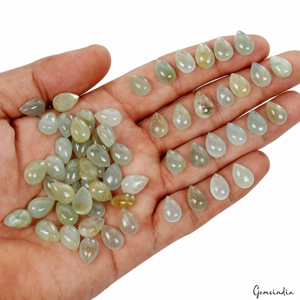 10-12mm Pear Natural Green Aquamarine Cabochon Untreated Loose Gemstone 60 Pcs