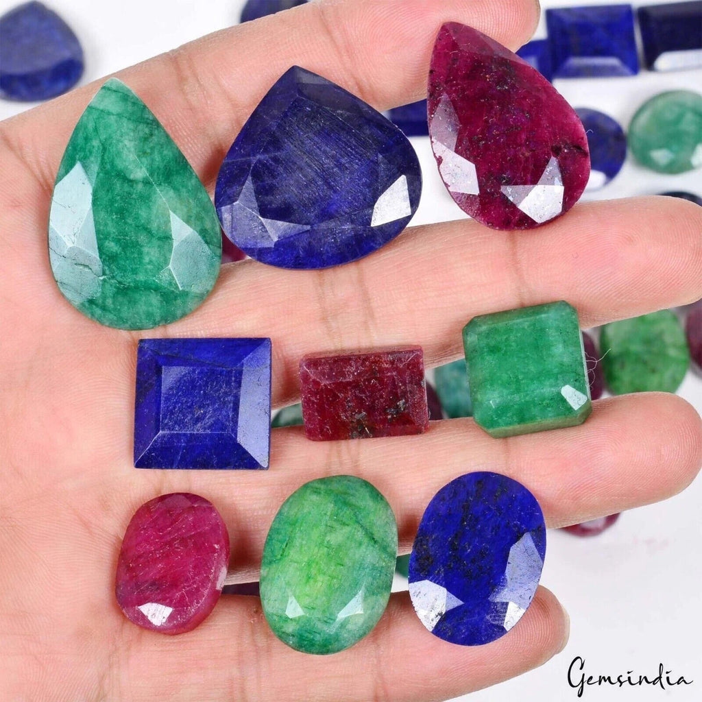 Certified 1300 Ct Natural Multi Color Emerald Ruby Sapphire Mix Cut Loose Gems