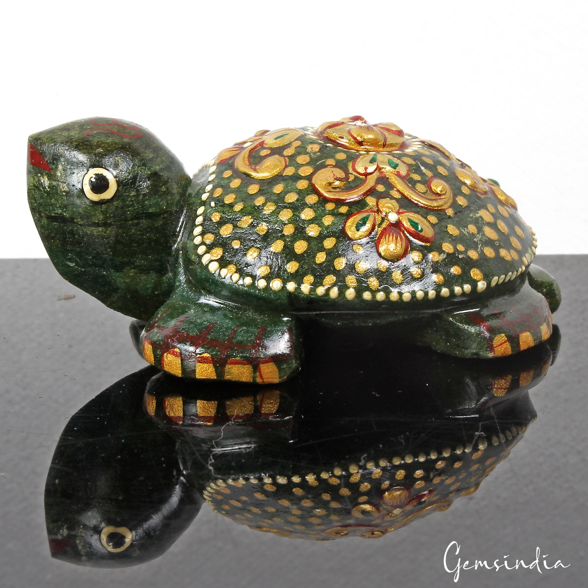 470 Cts Natural Untreated Green Golden Paint Aventurine Turtle Carved Sculpture