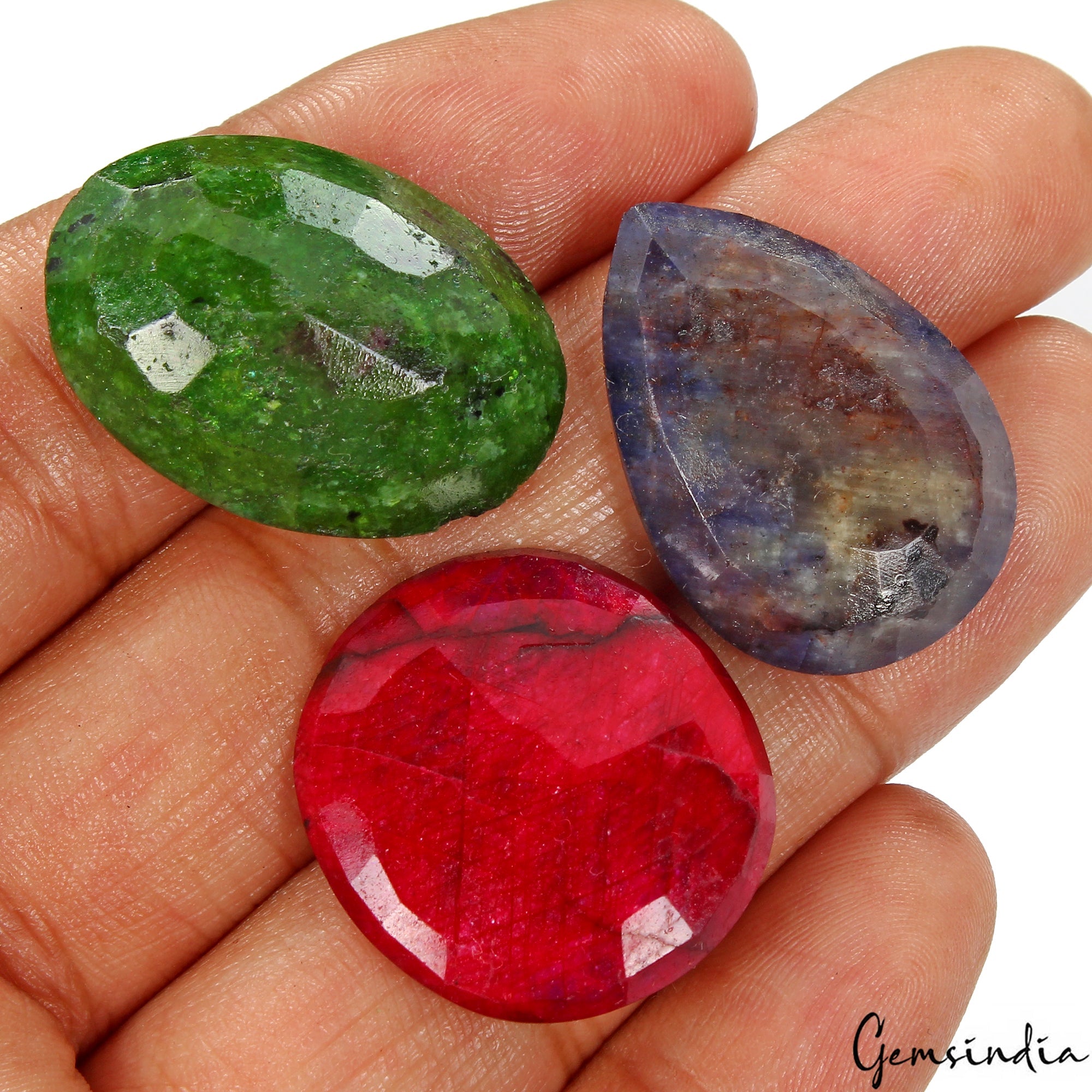Certified 120 Ct Natural Ruby Emerald Sapphire Loose Pendant Size Gemstones~3 Pc