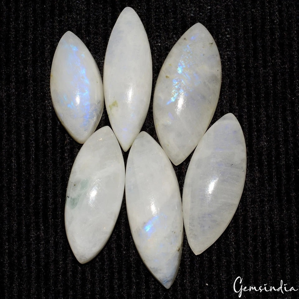 6 Pcs Natural Rainbow Moonstone Blue Shine Marquise Cab Loose Jewelry Gemstones