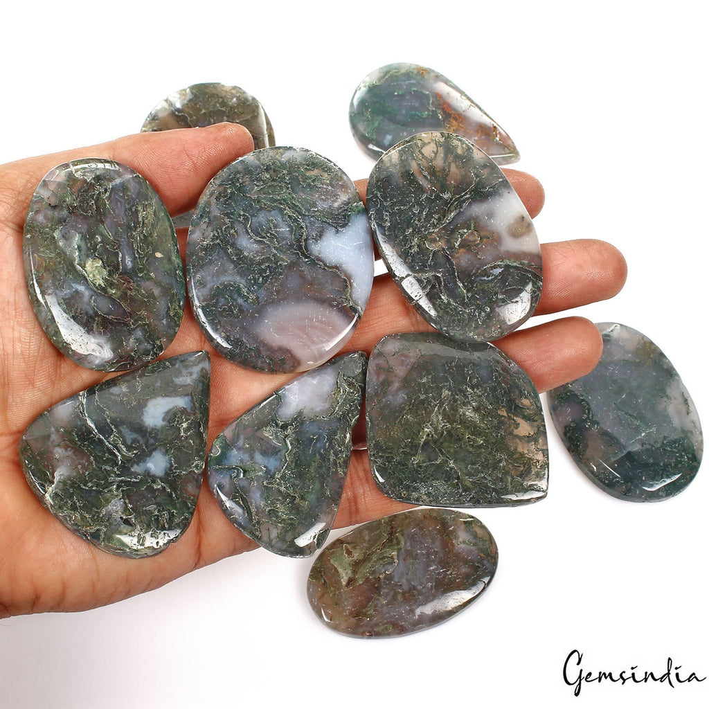 1260 Cts/10 Pcs Natural Untreated White Green Moss Agate Mix Cab Wholesale Gems