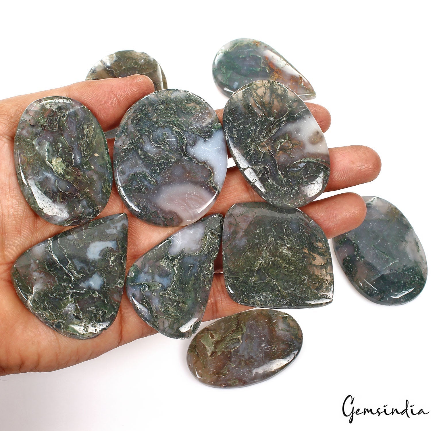 1260 Cts/10 Pcs Natural Untreated White Green Moss Agate Mix Cab Wholesale Gems