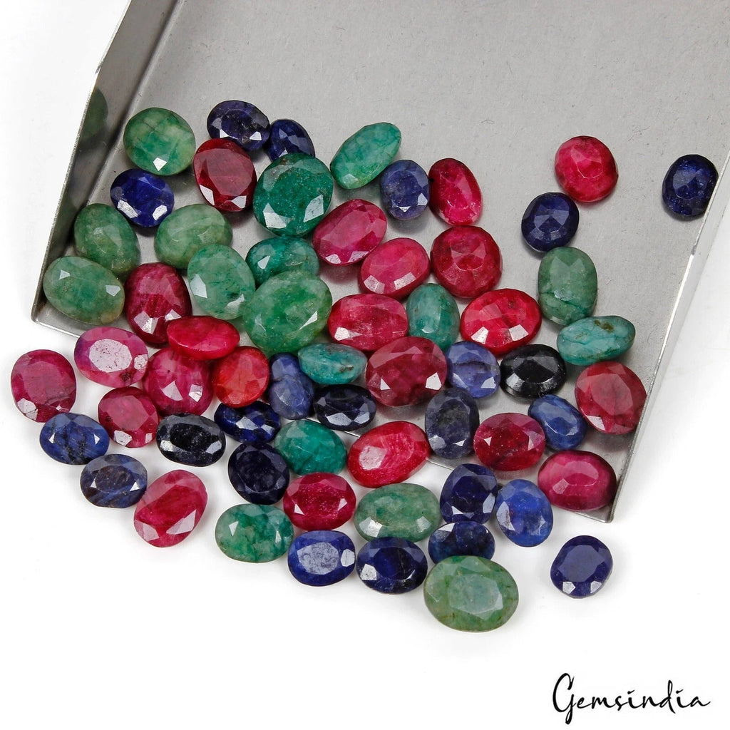 250 Cts/62 Pcs Natural Multi Color Ruby Emerald Sapphire Oval Cut Loose Gems Lot