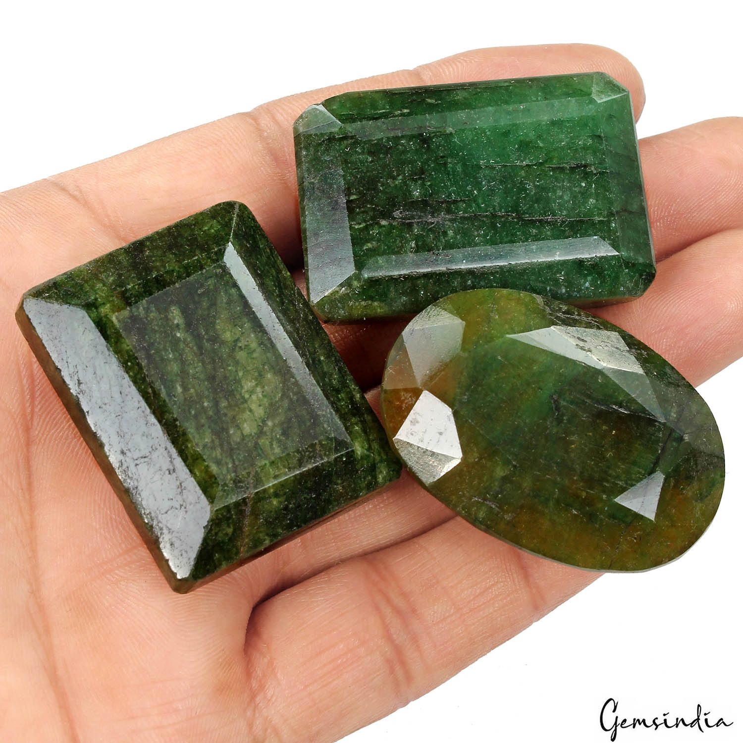 Brazilian Emerald Lot, Loose Gemstone, Color Enhanced, Green — 3 Pieces, 38mm to 42mm, 520 Ct, Brazil