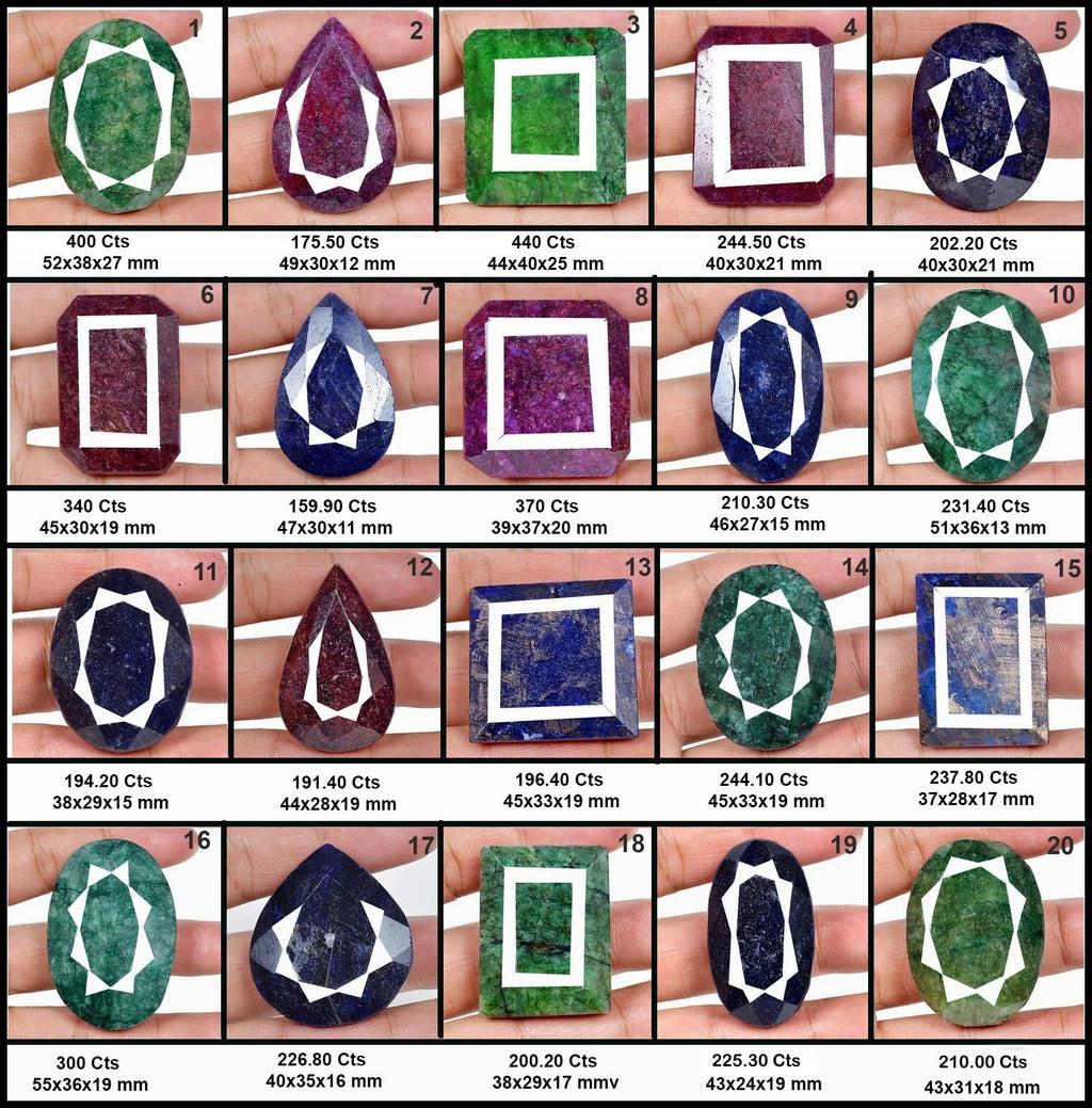 Natural 5000 Ct/20 Pcs Ruby Emerald & Sapphire Mix Shape Loose Gemstones 38-55mm