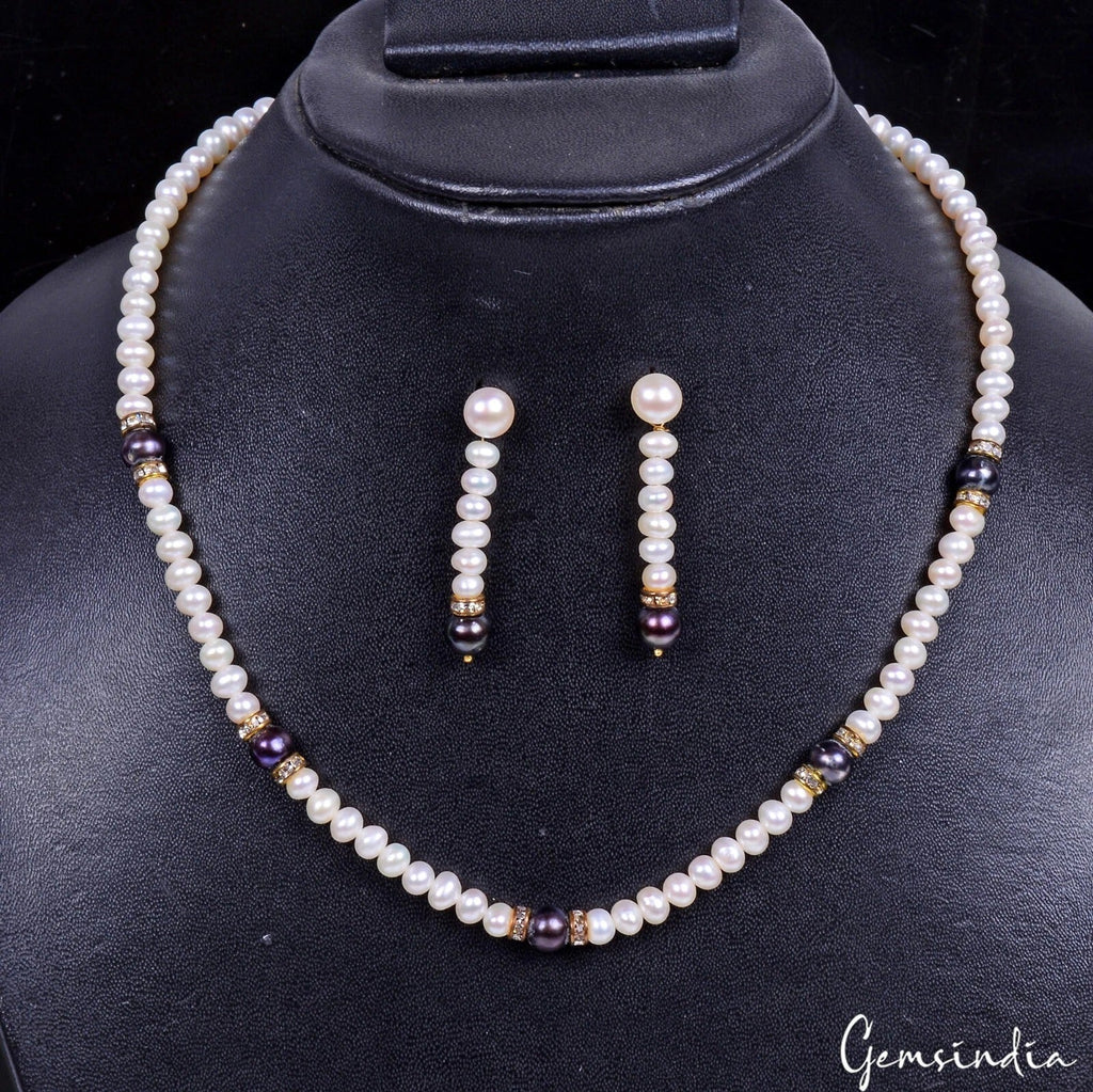 16" One Line Freshwater/Tahitian Pearl Beaded Handmade Necklace w/Drop Earrings