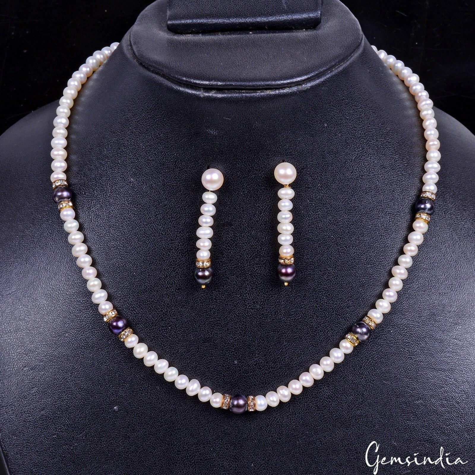 16" One Line Freshwater/Tahitian Pearl Beaded Handmade Necklace w/Drop Earrings