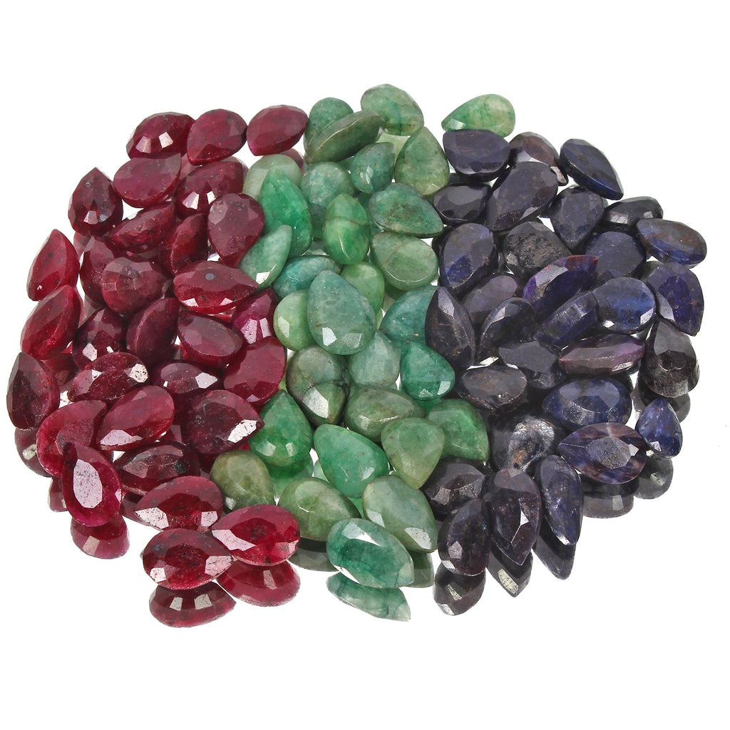 Certified 380 Cts/90 Pcs Natural Multi-Color Ruby Emerald Sapphire Pear Gems Lot